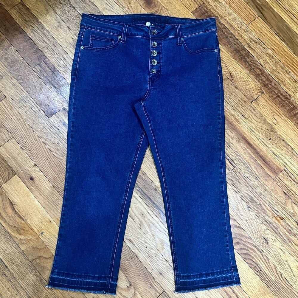 Hydraulic Button Fly Cropped Jeans Dark Wash Frayed Hem - Size 12